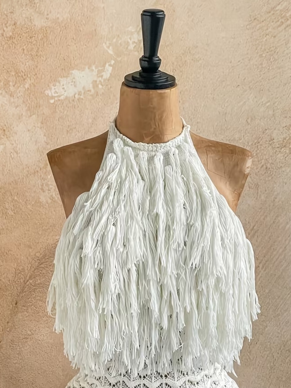 Affordable Fashion Finds Cream Fringe Halter Crochet Mini Dress - Picture 3 of 5